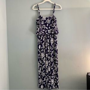 Michael Kors Navy Coral Pattern Ruffle Neck Spaghetti Strap Jumpsuit Sz M
